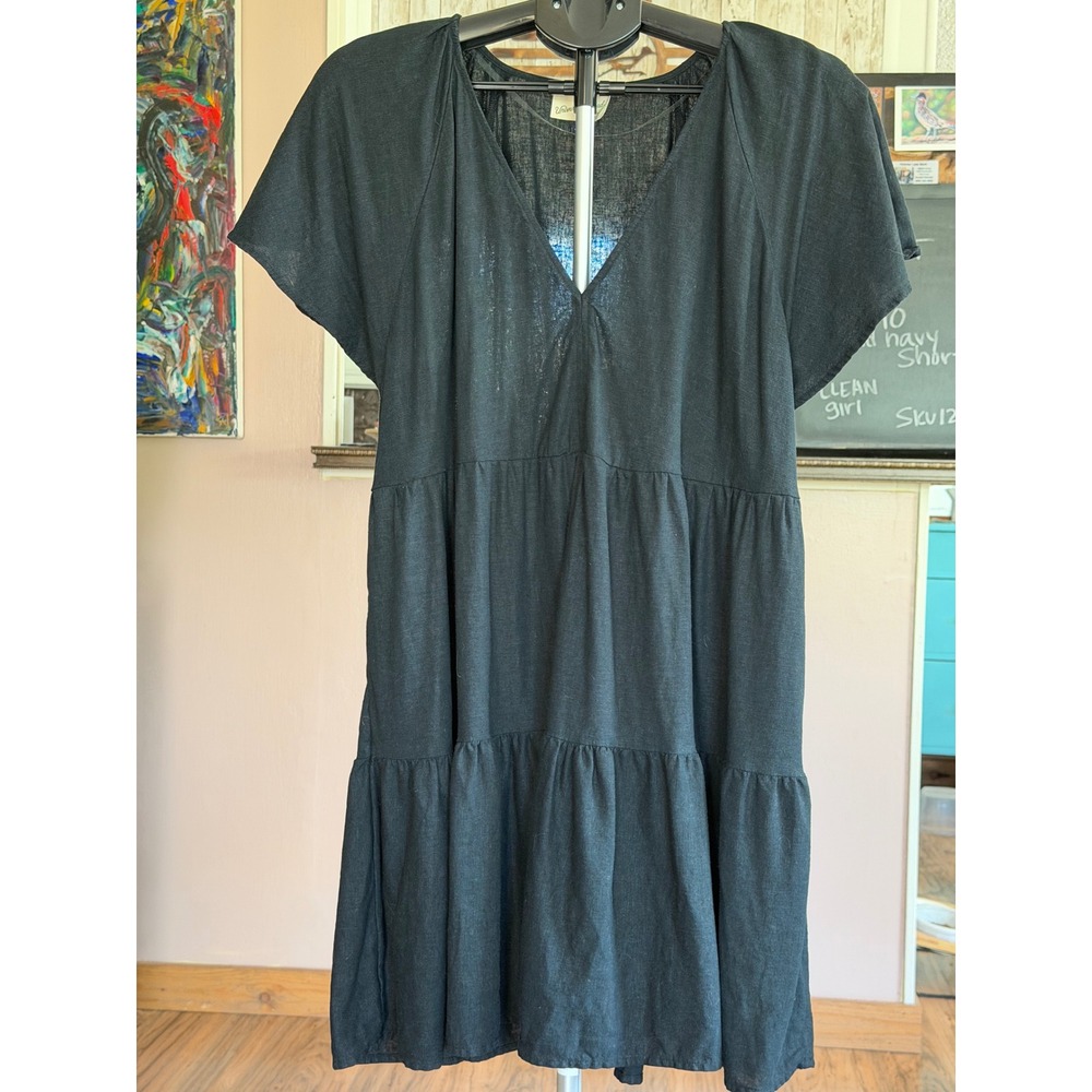 Universal Thread Black Linen Blend Flutter Sleeve Tiered V-Neck Mini Dress XL